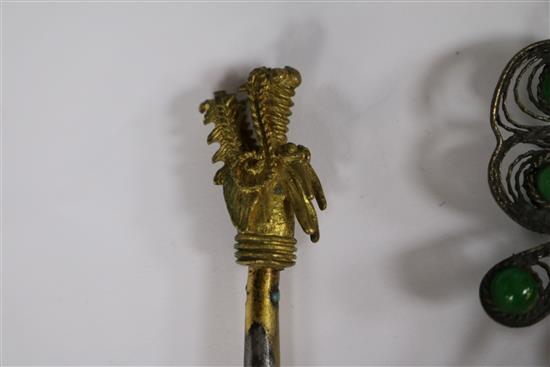 Three metal, glass and enamel hair ornaments